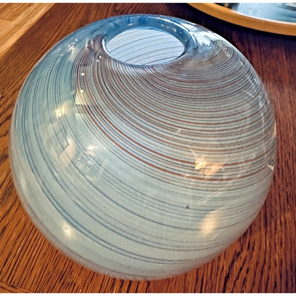 Murano Hand Blown Art Glass‎ Round Vase Blue Swirl Pattern 8 Inch